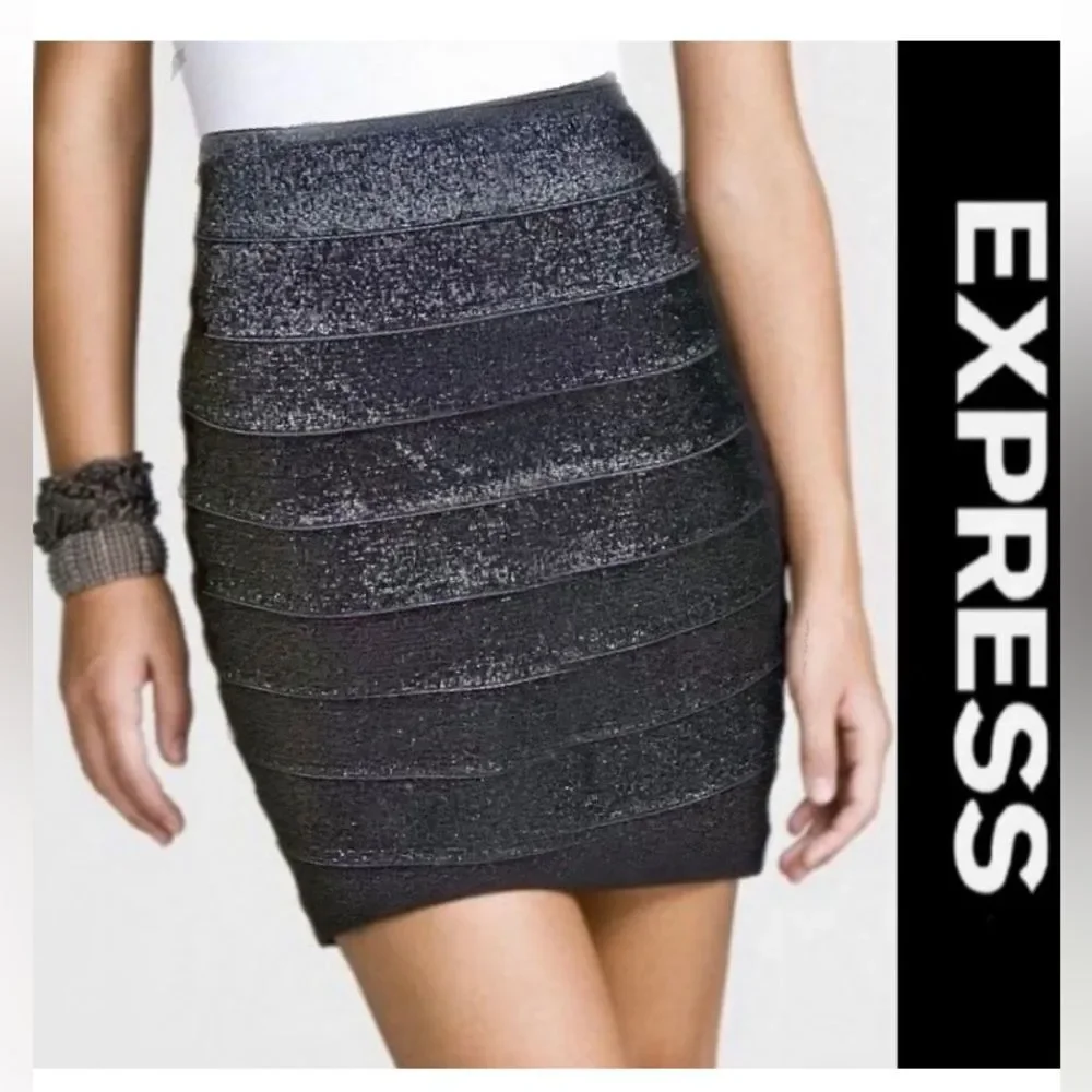 NWOT Express Black Shimmer Metallic Bandage Skirt Medium